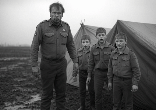 A black and white photograph of a threatening-looking man in scouting uniform, together with three boy scouts, next to a tent in a muddy field