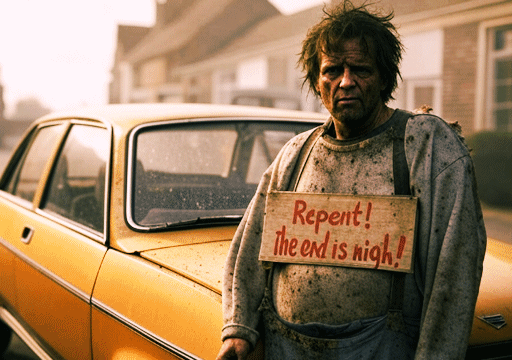 A photograph of a dirty man in ragged clothes, wearing a sandwich board that reads 'the end is nigh', standing in front of an Austin Allegro