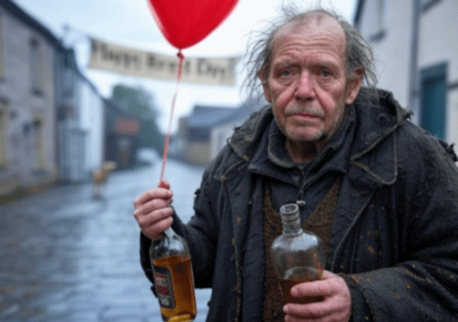 A photograph of a dirty man in ragged clothes, holding a red balloon and two bottles of whisky, standing in a rainy street with a dog in the background