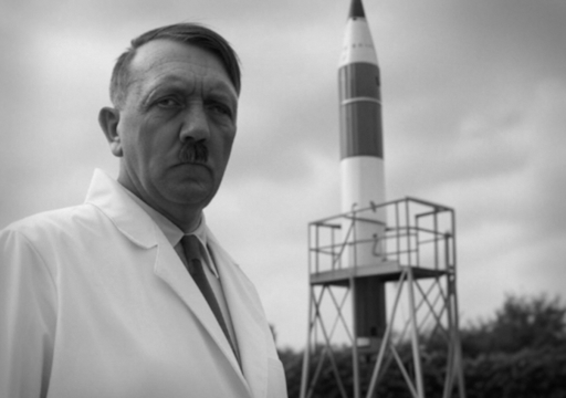 A black and white photograph of a man who looks rather like Adolf Hitler standing next to a rocket in a garden