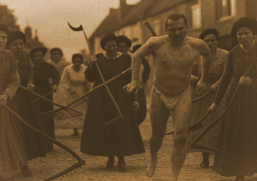A black and white photograph of a bleeding man, naked apart from a loincloth, running through the streets of a village, surrounded by scythe and rake-wielding women