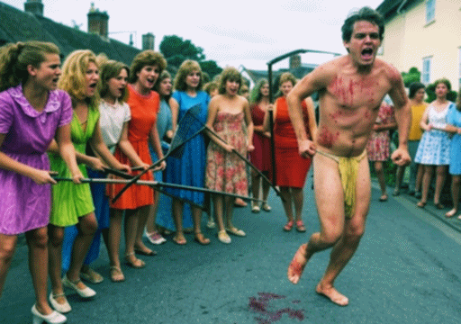 A photograph of a bleeding man, naked apart from a loincloth, running through the streets of a village, surrounded by scythe and rake-wielding women