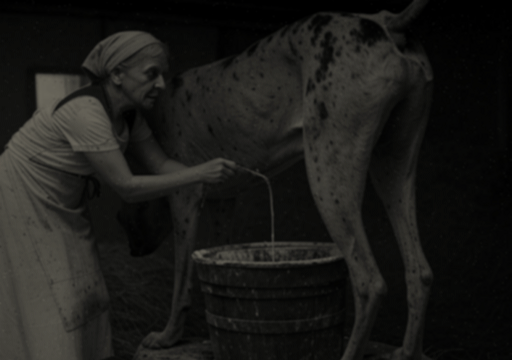 A black and white photograph of a woman milking a great dane bitch into a wooden bucket