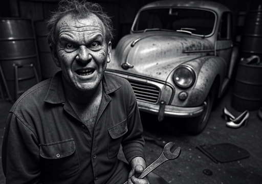 A black and white photograph of a threatening-looking man, holding a wrench, in a garage. A Morris Minor sits behind him. A pair of white high-heeled shoes sits on the floor, next to some large oil drums