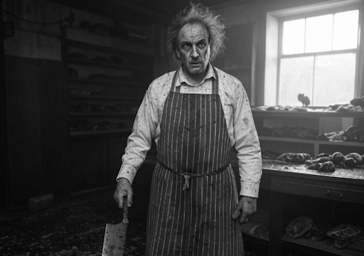 A black and white photograph of a crazed-looking man with wild hair, wearing a blood-stained butcher's apron and holding a meat cleaver, in a filthy, dark room, with meat and rats on the counters
