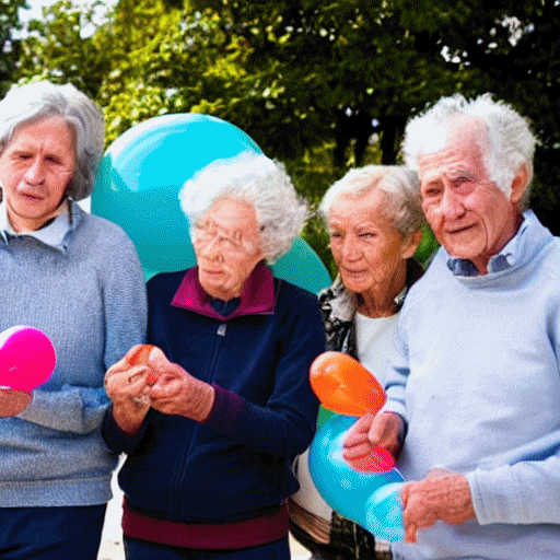 Four elderly people holding rather sad looking balloons